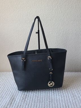 Michael Kors Black Leather Tote with Gold-Tone MK Charm